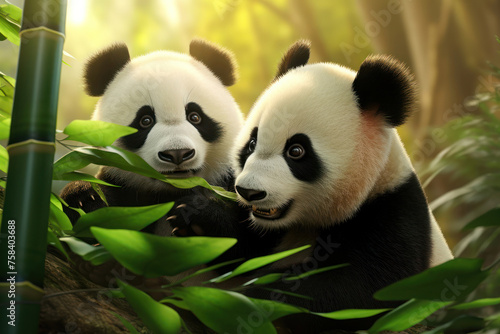Two panda cubs eating bamboo in the natural habitat.