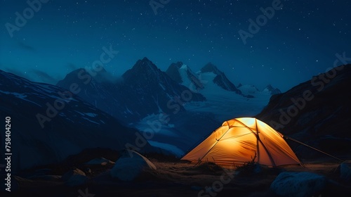 Illuminated Tent in Mountain Range at Night, solitude, adventure, wilderness, camping © asura