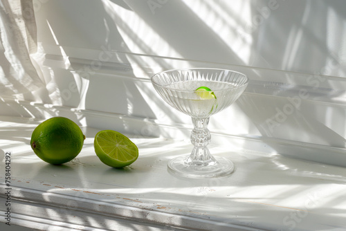 Elegant margarita cocktail glass with lime on a sunny windowsill, Generative AI image photo