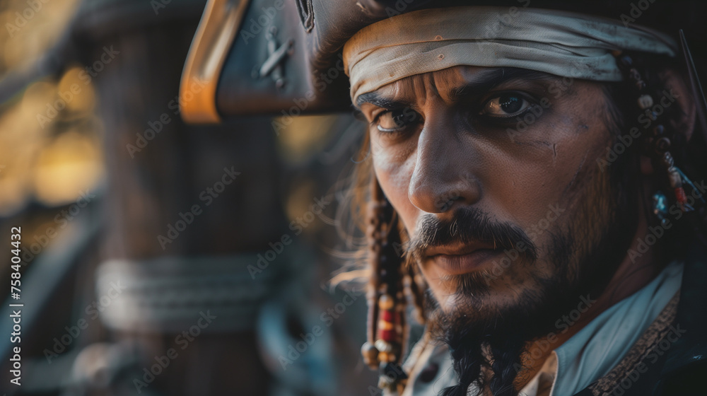 Pirate with Hat and Beard on Ship with Serious Expression