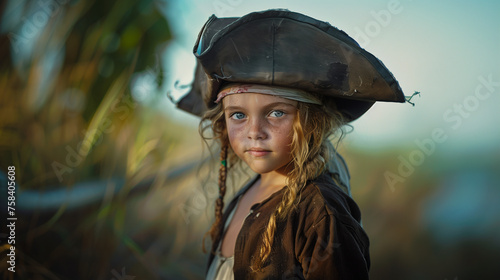 Pirate Child with Hat on Ship with Serious Expression