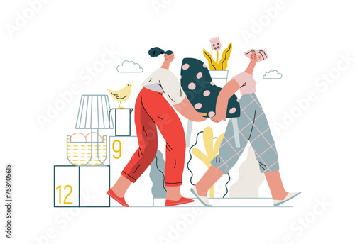 Mutual Support: Assistance with Moving -modern flat vector concept illustration of women collaboratively moving household items A metaphor of voluntary, collaborative exchanges of resource, services