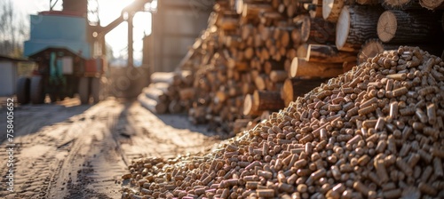 Stack of biomass wood pellets and woodpile on blurred background with copy space