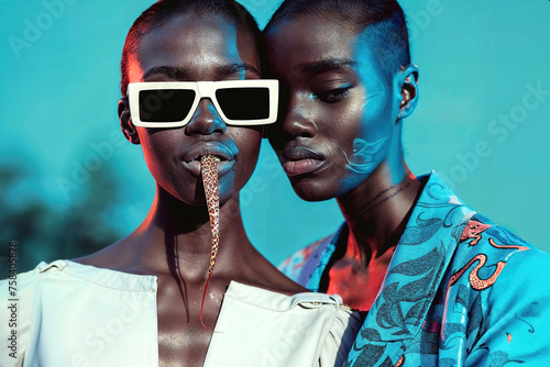 Two Black women with sunglasses and a snake in their mouths. Generative AI photo