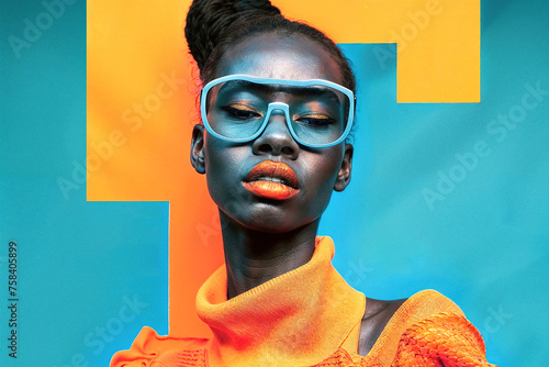 Black Woman Wearing Blue and Orange Makeup and Glasses. Generative AI photo