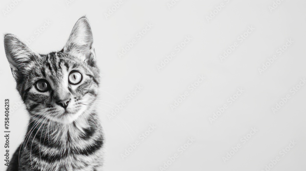 Portrait of tabby cat sitting looking at the camera on a white background,Copy space. generative AI