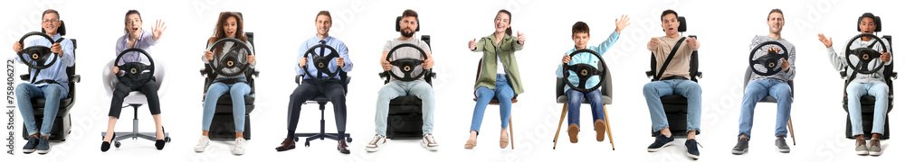 Collage of different people with steering wheels on white background Collage of different people with steering wheels on white background