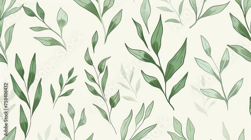 Delicate green plant and leaf pattern  hand-drawn in a simple  minimal  clean style