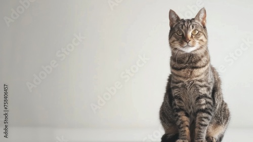 Portrait of tabby cat sitting looking at the camera on a white background,Copy space. generative AI