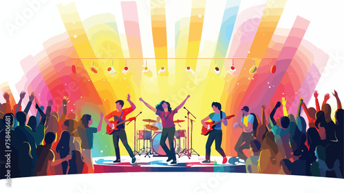 A live band performing on stage with colorful light