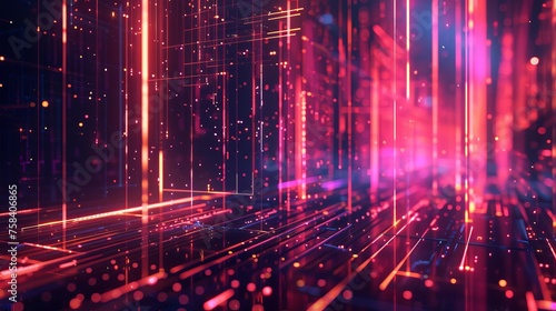 Futuristic 3D abstract background with glowing neon lines and geometric shapes, creating a tech-inspired digital landscape