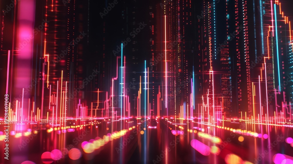 Depiction of a dramatic stock market fluctuation with glowing neon lines against a dark background, representing financial volatility. Depiction of a dramatic stock market fluctuation with glowing neon lines against a dark background, representing financial volatility.