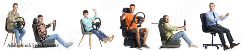 Collage of different people with steering wheels on white background