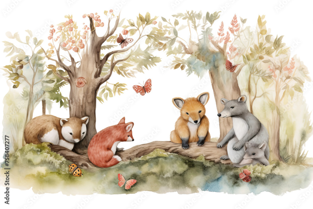 landscape hand design nursery art wild illustration character cute baby watercolor tree kids animals squirrel painted forest shower baby woodland wall composition bear summer print