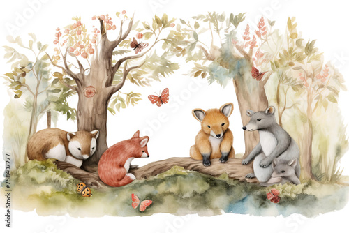 Obraz na płótnie landscape hand design nursery art wild illustration character cute baby watercolor tree kids animals squirrel painted forest shower baby woodland wall composition bear summer print w salonie