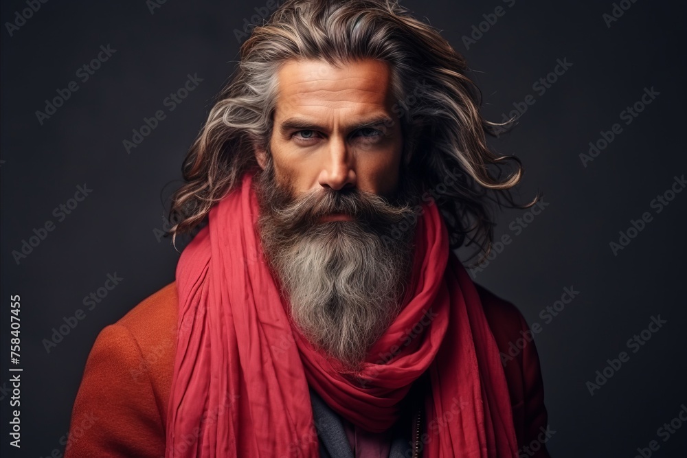 Portrait of an old man with long gray hair and a red scarf.