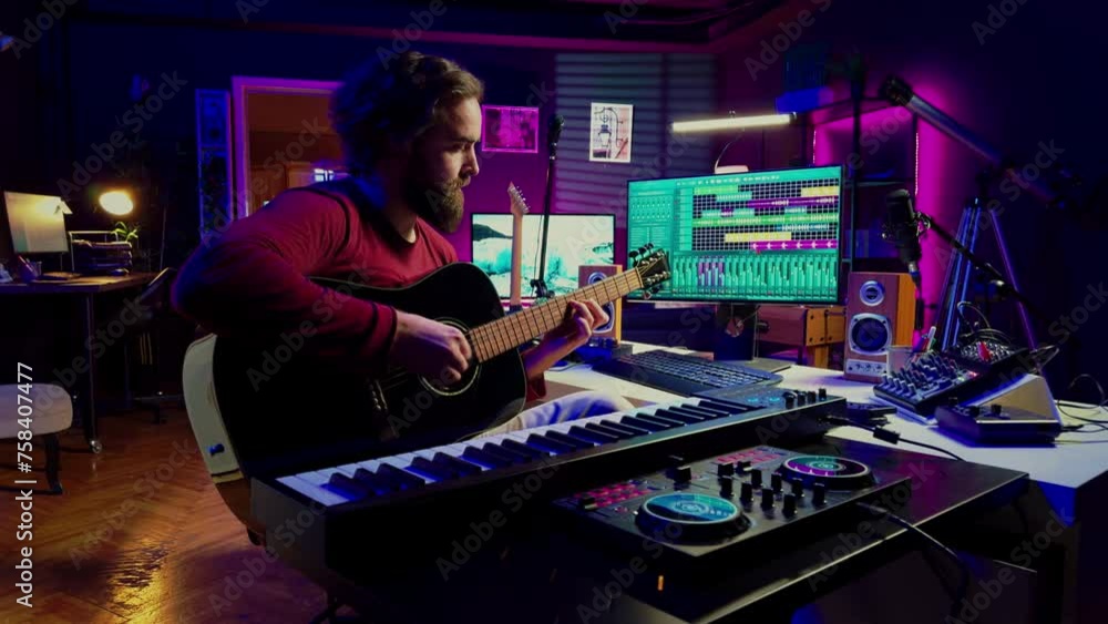 Music producer playing guitar to create tunes and mix them after, having fun with musical instrument and amplifier at his home studio. Talented artist songwriter composing a new track. Camera A. Music producer playing guitar to create tunes and mix them after, having fun with musical instrument and amplifier at his home studio. Talented artist songwriter composing a new track. Camera A.