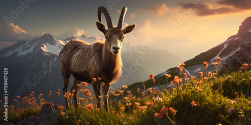 Majestic Ibex Amidst Vibrant Blooms A Cinematic Encounter with Natures AI Generative  © Ubaid