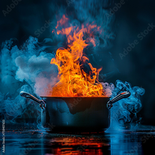 a cooking pot on fire, frontal view, photography, frontal light, smoke coming out of it photo