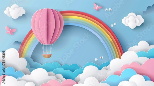 Colorful paper cut sky with hot air balloon clouds and rainbow landscape background. AI generated