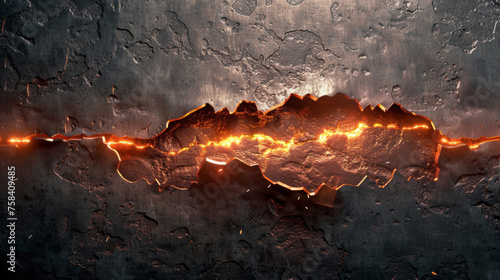 metal texture background that is torn in half with glowing fire edge photo