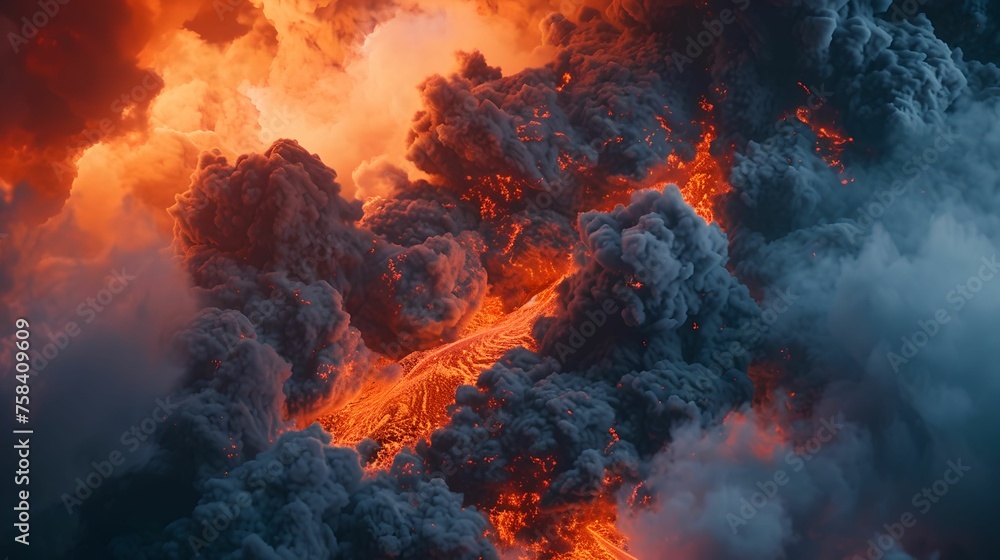 Dramatic Volcanic Eruption, explosive, molten lava, billowing smoke, volcanic activity