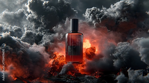 Dramatic Volcanic Eruption highlighting perfume bottle, explosive, molten lava, billowing smoke, volcanic activity