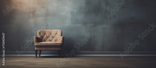 A wooden chair sits comfortably on hardwood flooring in a dimly lit room, facing a wall in the building
