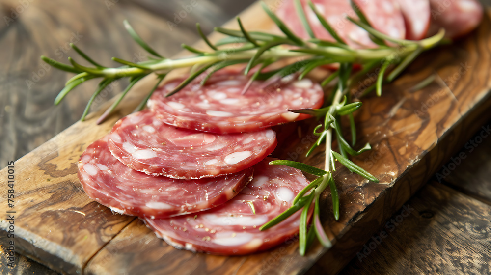 a delightful arrangement of thinly sliced salami adorned with a sprig of rosemary.