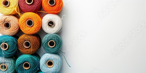 spools of thread flat lay, copy space poster banner photo