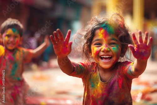 Small smiling Indian girl in traditional Indian sari on Holi holiday, blurred background, close-up