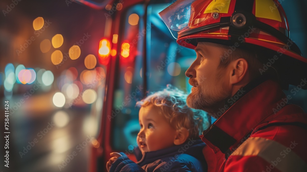 Obraz premium Father as Firefighter Holding Child, Family Hero Concept