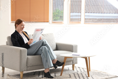 Young woman reading "virus ...