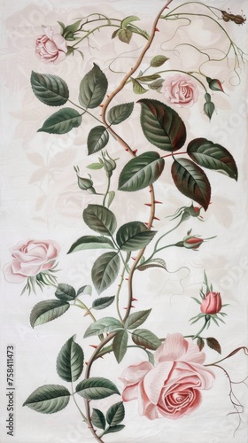 A painting of pink roses with green leaves