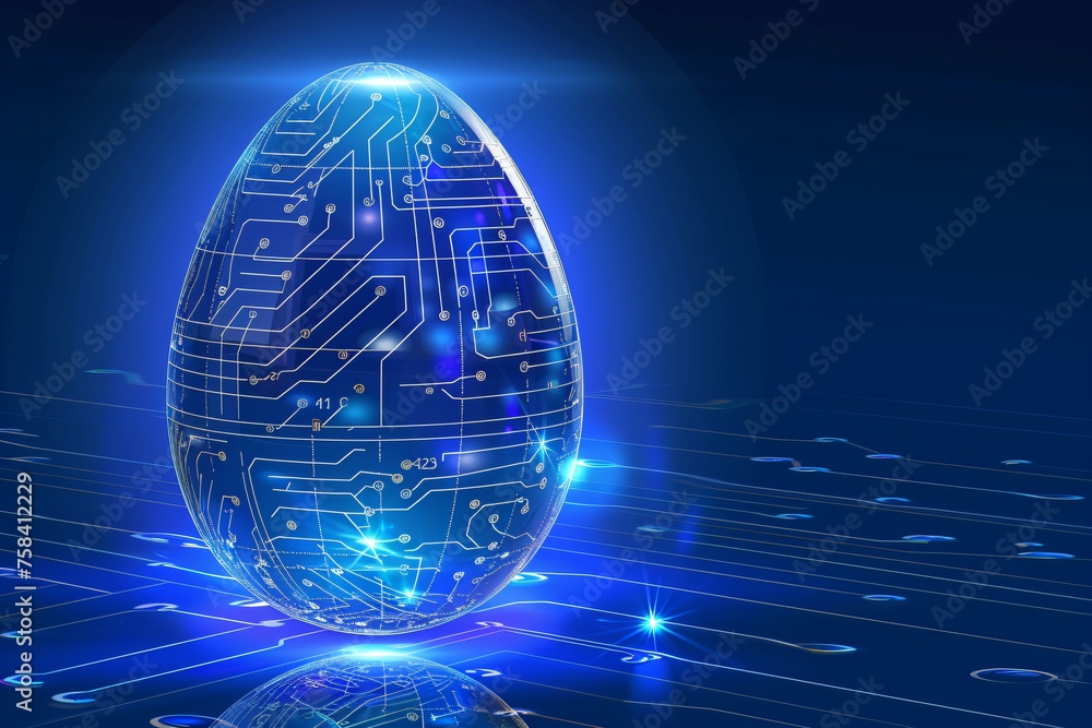 Easter egg in tech futuristic style. Abstract 3d neon glowing egg with circuit board texture. Illustration for greeting card, banner, poster - obrazy, fototapety, plakaty 