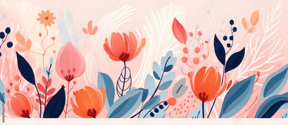 Abstract floral art with hand-drawn leaves and flowers for social media cover and interior decor. Abstract floral art with hand-drawn leaves and flowers for social media cover and interior decor.