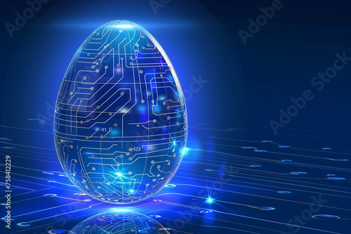 Easter egg in tech futuristic style. Abstract 3d neon glowing egg with circuit board texture. Illustration for greeting card, banner, poster photo