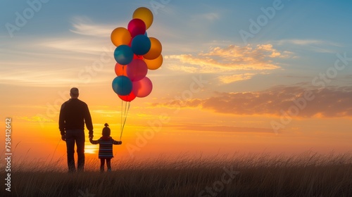 Father and Child Holding Hands with Balloons at Sunset