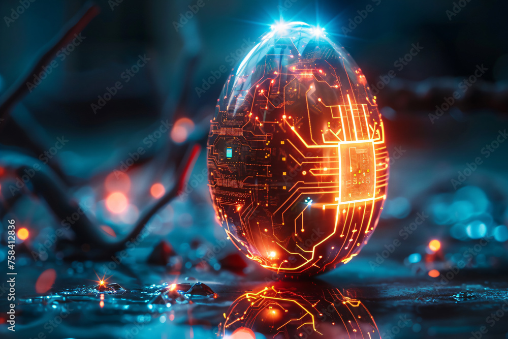 Easter egg in tech futuristic style. Abstract 3d neon glowing egg with circuit board texture. Illustration for greeting card, banner, poster Easter egg in tech futuristic style. Abstract 3d neon glowing egg with circuit board texture. Illustration for greeting card, banner, poster