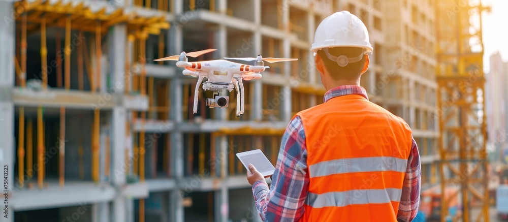 A building engineer is using a drone to check building construction Generated AI image A building engineer is using a drone to check building construction Generated AI image