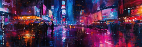 An abstract painting depicting the vibrant colors of a bustling cityscape at night  with neon lights reflecting off wet streets