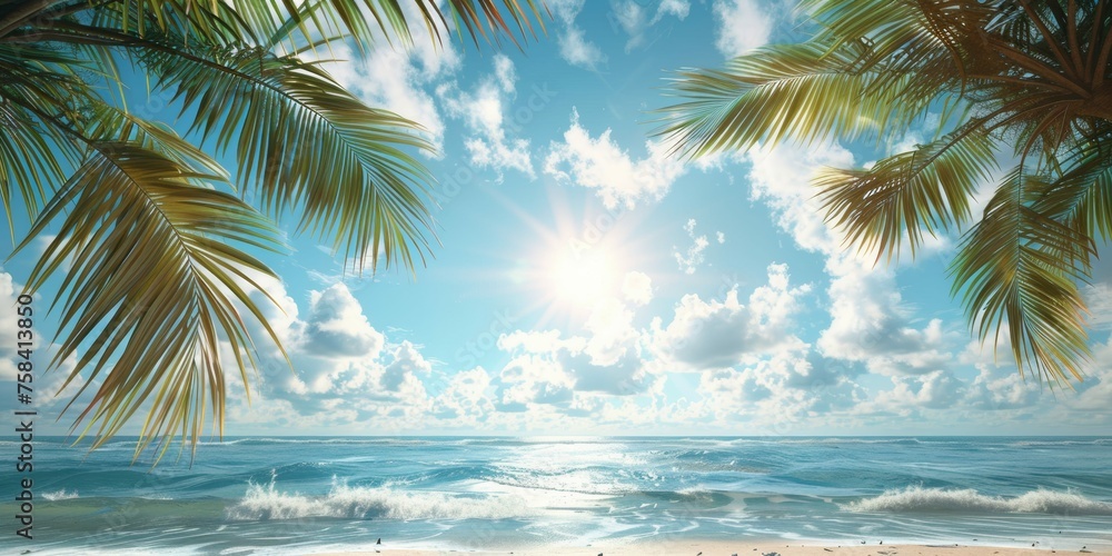 palm trees on the beach banner, copy space vacation summer