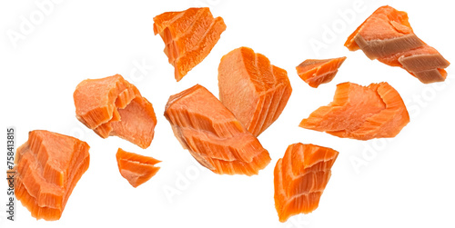Smoked salmon pieces isolated on white background