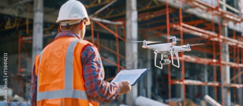 A building engineer is using a drone to check building construction Generated AI image