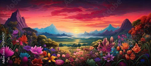 A beautiful painting depicting a sunset over a field of flowers with mountains in the background, creating a stunning natural landscape artwork