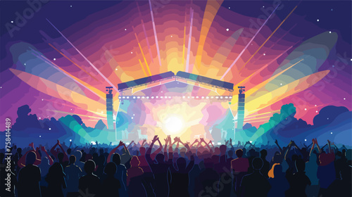 A music festival scene with a crowd cheering and co