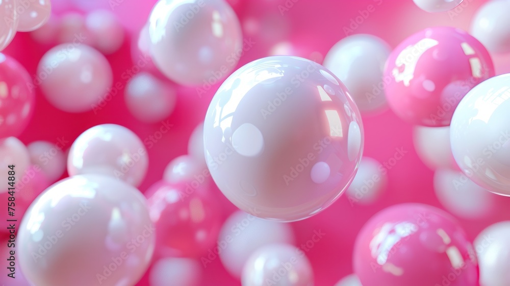 3D Illustration group of white and pink spheres isolated on pink background. AI generated image