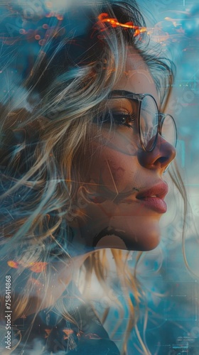 A blond woman with glasses, close-up porait on cyan gradient background photo