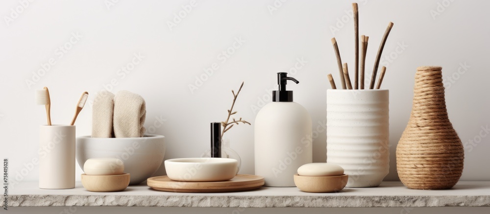 Arrangement of bathroom accessories in a studio setting against a white backdrop.