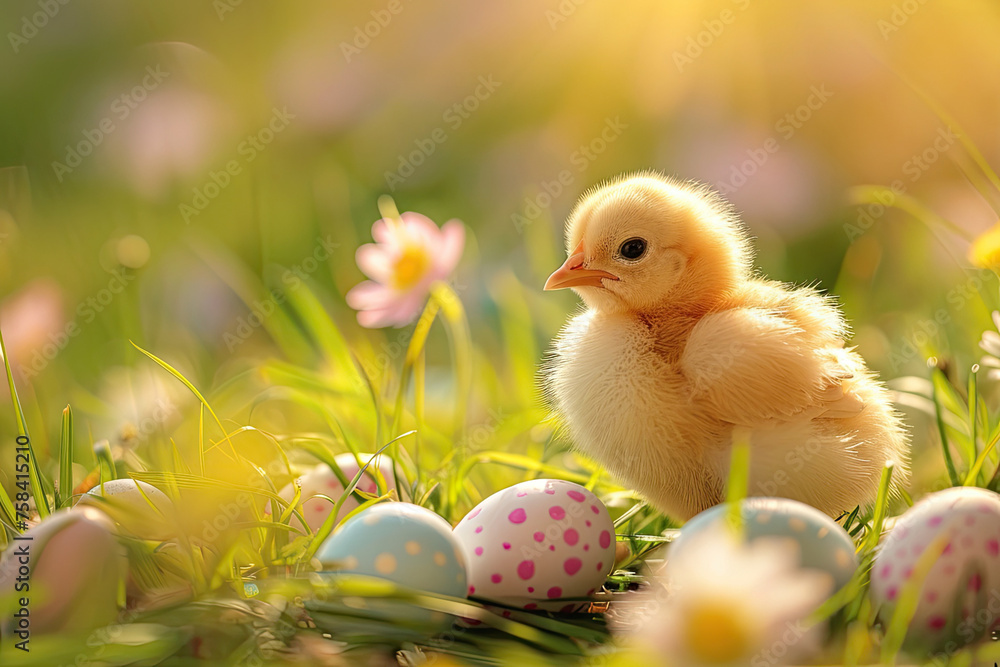 Easter Baby Chick and Easter Eggs in a Spring Meadow with Space for Copy